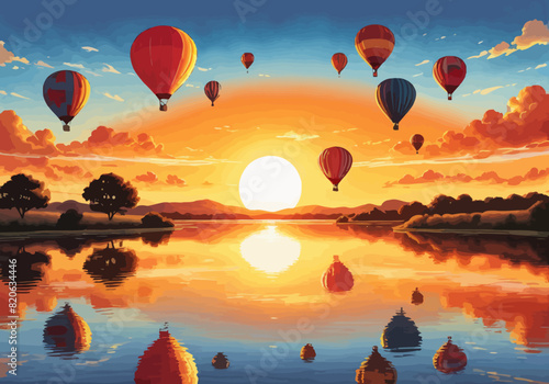 a painting of hot air balloons flying over a lake