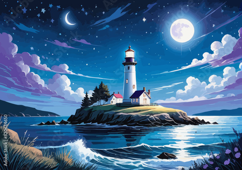 a painting of a lighthouse with a full moon in the background