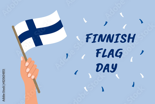 Finnish Flag Day. Banner with flags of Finland in hand. Holiday illustration. Vector