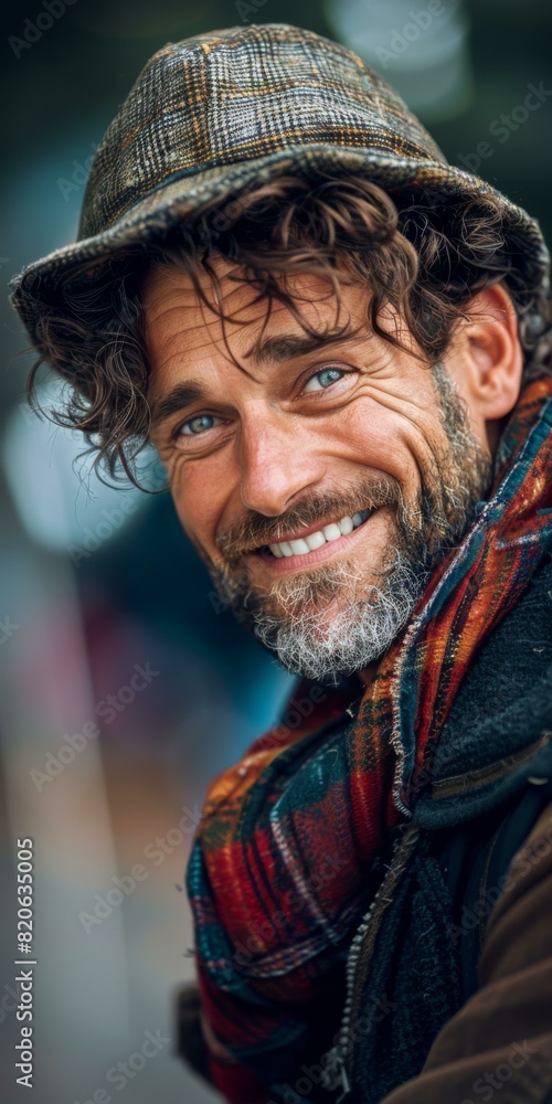 Fototapeta premium portrait of a smiling man wearing a hat and scarf