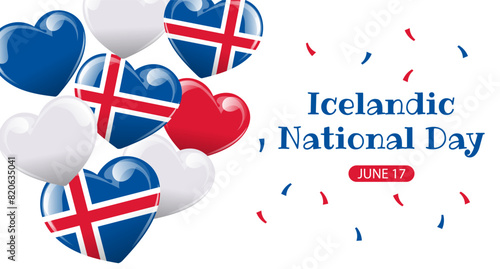 Icelandic National Day. Banner with Iceland flags in the shape of a heart. Holiday illustration. Vector