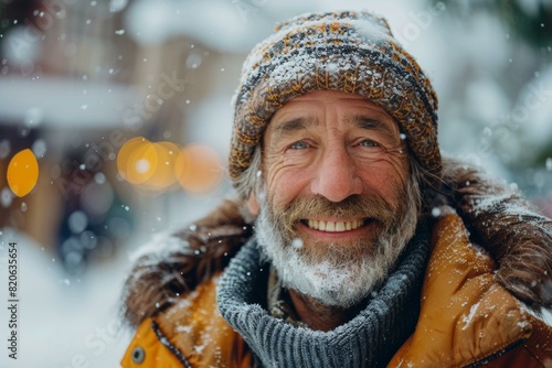 portrait of a smiling man with a beard wearing a winter hat and coat
