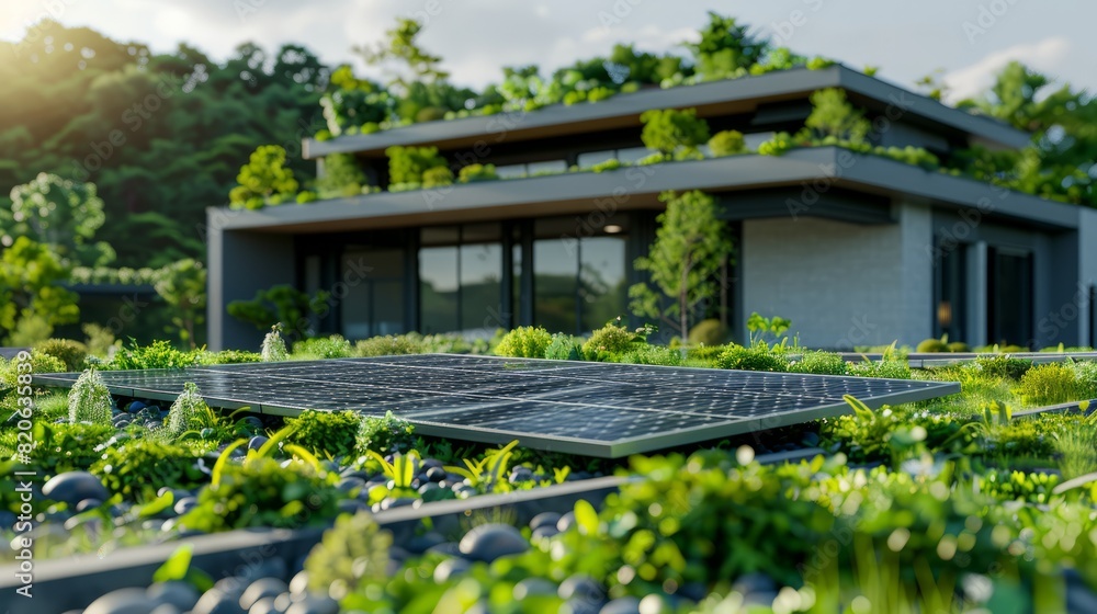 Green energy concept with outdoor solar panels and industrial roof equipped with blue tone solar cells