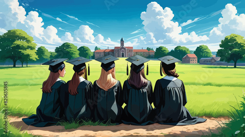 a group of people sitting on top of a lush green field