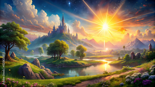 magical fantasy landscape with sun