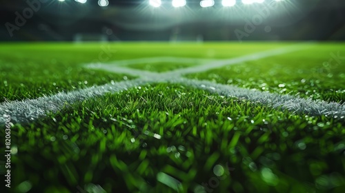 Green grass macro in sports arena. with lights background. Close up of. soccer field lines. Background soccer lawn grass football stadium ground view.