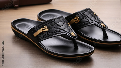 A pair of black leather sandals with a tan sole.