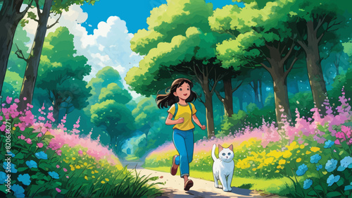 a girl running down a path with a cat