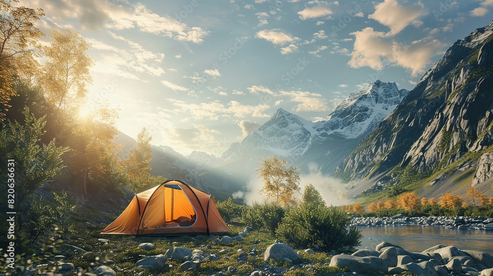 Sunny wilderness camping scene, tent, sky mostly, clean natural environment. copy space for text.