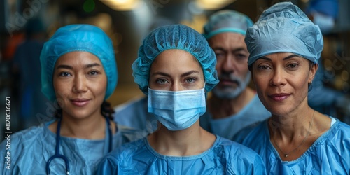 In a hospital setting, a team of medical professionals, including surgeons and assistants, poses together in surgical attire