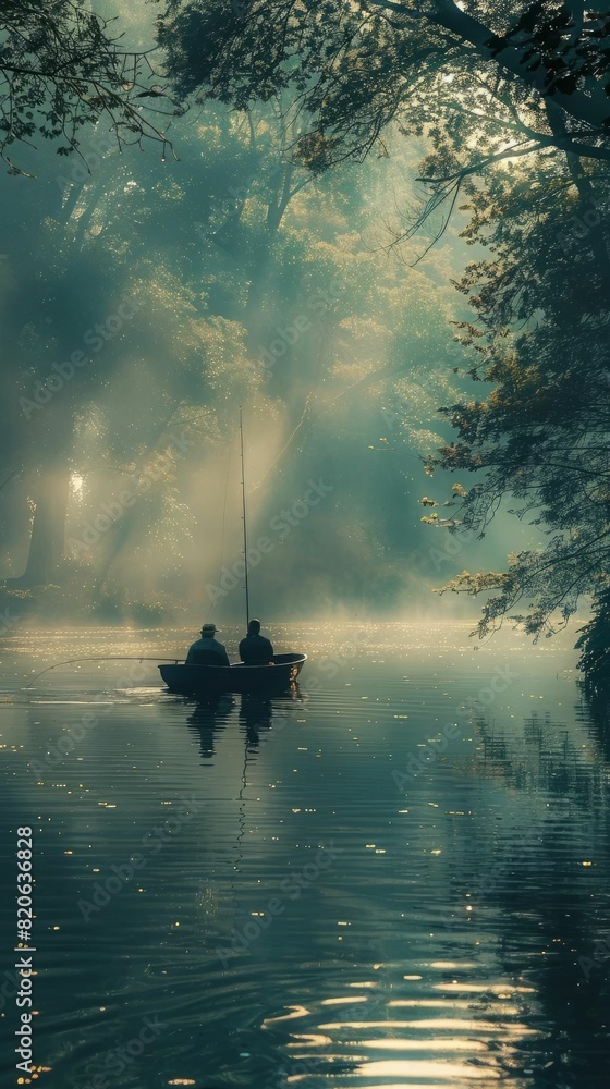 Fototapeta premium The boat on the lake with beautiful sky and forest