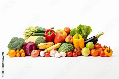 Composition of fruits and vegetables isolated on white background. Nice wide frame with free space for text. Collage