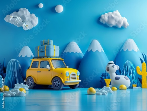A yellow toy car with a pile of luggage on the roof rack drives through a surreal blue landscape with cartoonish mountains and clouds. photo