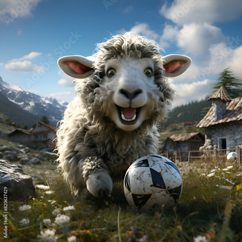 Funny sheep with a soccer ball on the background of the mountains photo