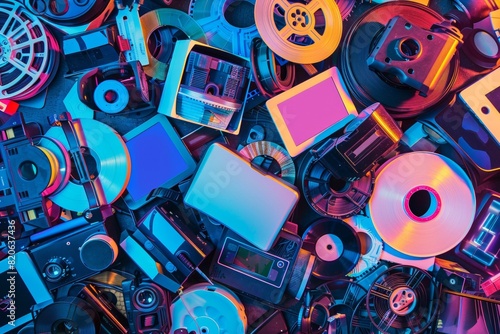 A Vibrant Collage of Different Media Types Including Film Reels, CDs, Digital Tablets, and VR Headsets photo