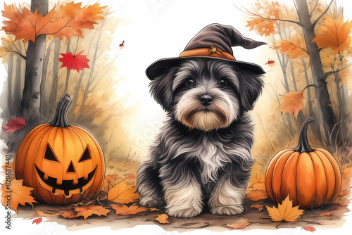 Discover an ink sketch featuring an adorable Havanese Puppy donning a witch hat, set in a charming Halloween scene, exuding cuteness and spooktacular charm. photo