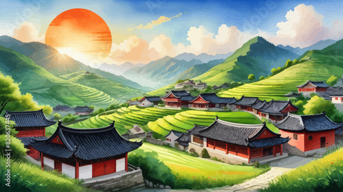 a painting of a landscape with mountains and houses