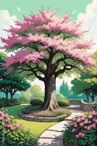a painting of a tree in a park