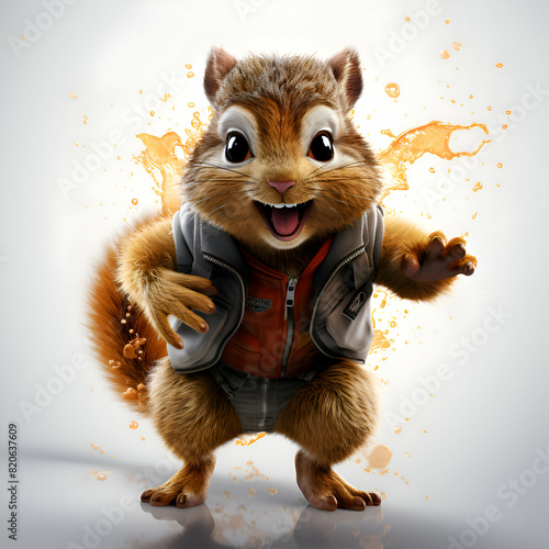 Funny squirrel dressed in a jacket with a backpack and splashes photo