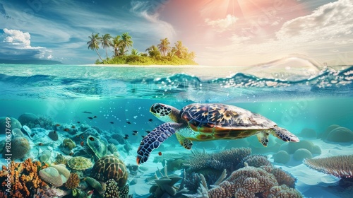 Sea turtle swimming in the ocean of a tropical island