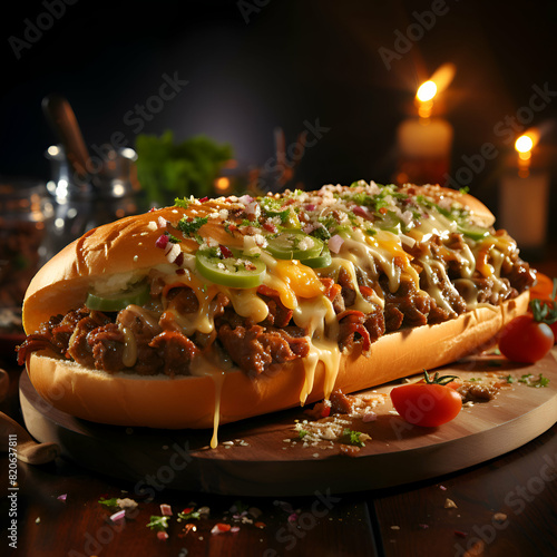 Hot dog with melted cheese and vegetables on a wooden board on a dark background photo