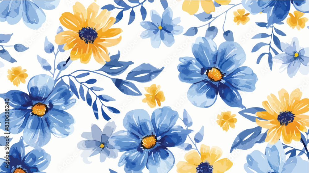 Seamless pattern of blue flower and little yellow flo