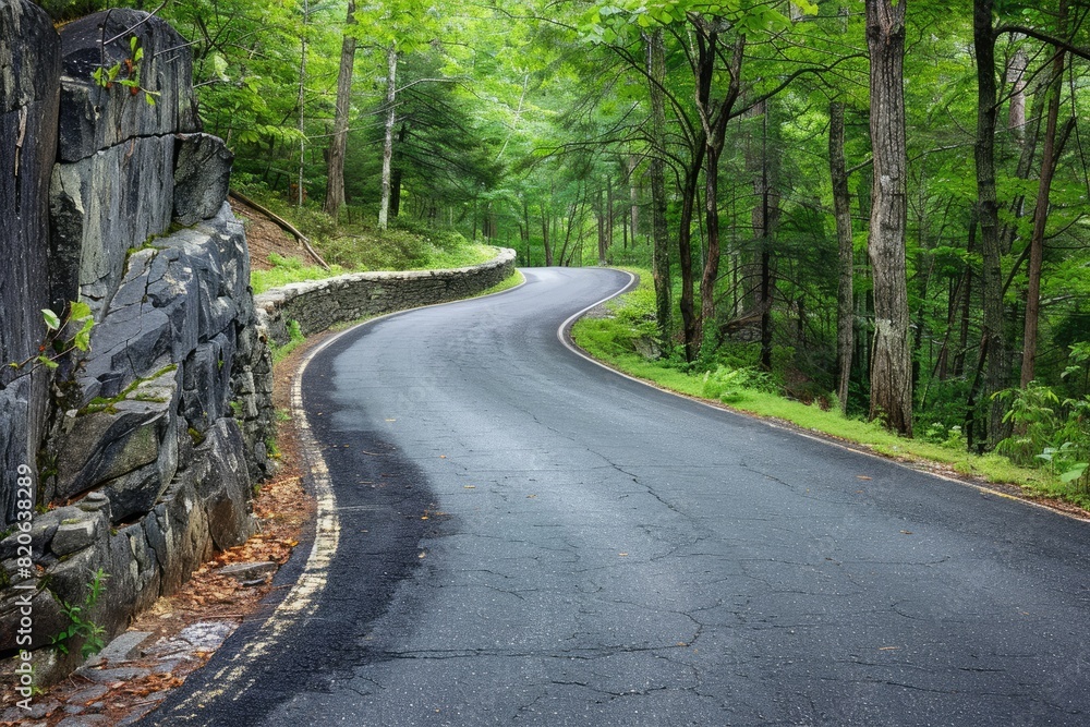 Fototapeta premium Curved Asphalt Road Between Rock Wall and Trees