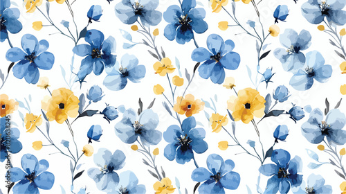 Seamless pattern of blue flower and little yellow flo photo