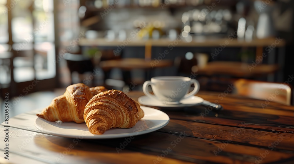 Warm Croissants and Coffee on Wooden Table, Cozy Cafe Background, Homey Style, Relaxation, Contentment, Enhance Cafe Ambiance. copy space for text. Warm Croissants and Coffee on Wooden Table, Cozy Cafe Background, Homey Style, Relaxation, Contentment, Enhance Cafe Ambiance. copy space for text.