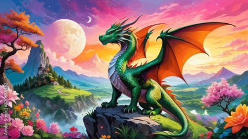a painting of a dragon sitting on a rock