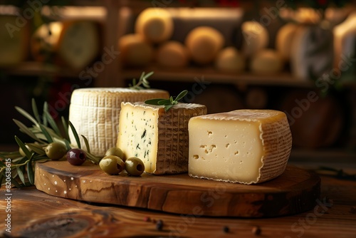 Assortment of artisanal cheeses on rustic wooden board soft brie, maasdam and aged cheddar; olive berries, olive leaves, shelves with head of cheese on background photo