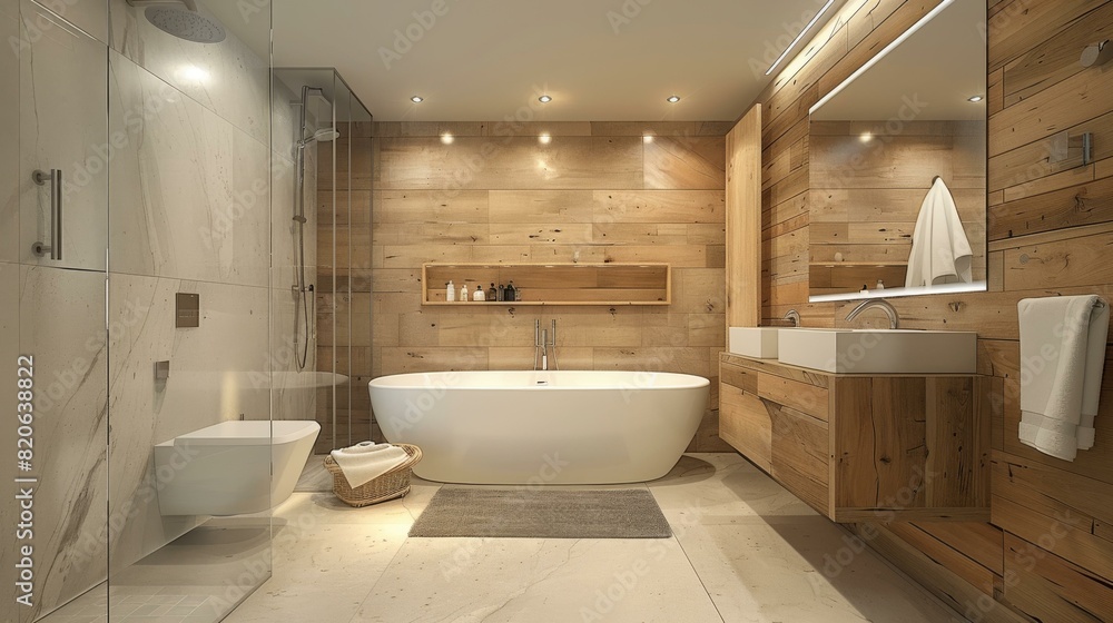 Modern Bathroom with Wooden Walls and White Freestanding Tub Modern Bathroom with Wooden Walls and White Freestanding Tub