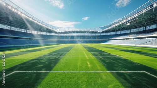 Photo of an empty soccer stadium with a vibrant green field