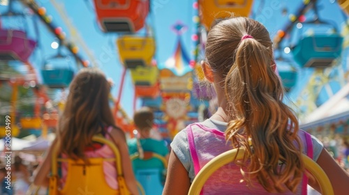 Two young girls walking through a fairground