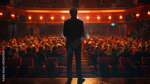 Rear view of motivational speaker standing on stage in front of audience in conference or business event