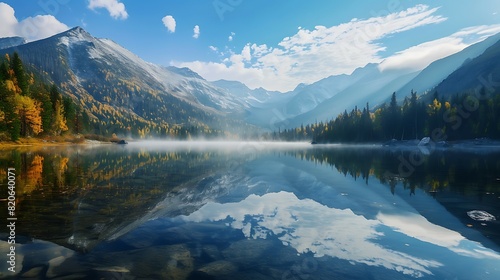 A stunning mountain scenery with colorful reflections on the lake's surface.