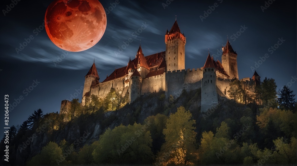 Illustration of creepy horror castle at night with red moonlight. Desktop wallpaper