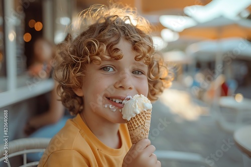 Kid eating ice cream in cafe. Funy curly child with icecream outdoor