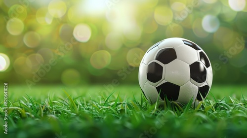 Soccer ball on blurred soccer field background with copy space.