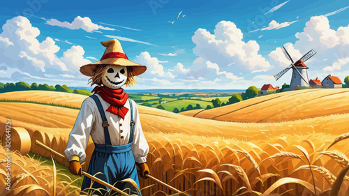 a painting of a scarecrow in a wheat field