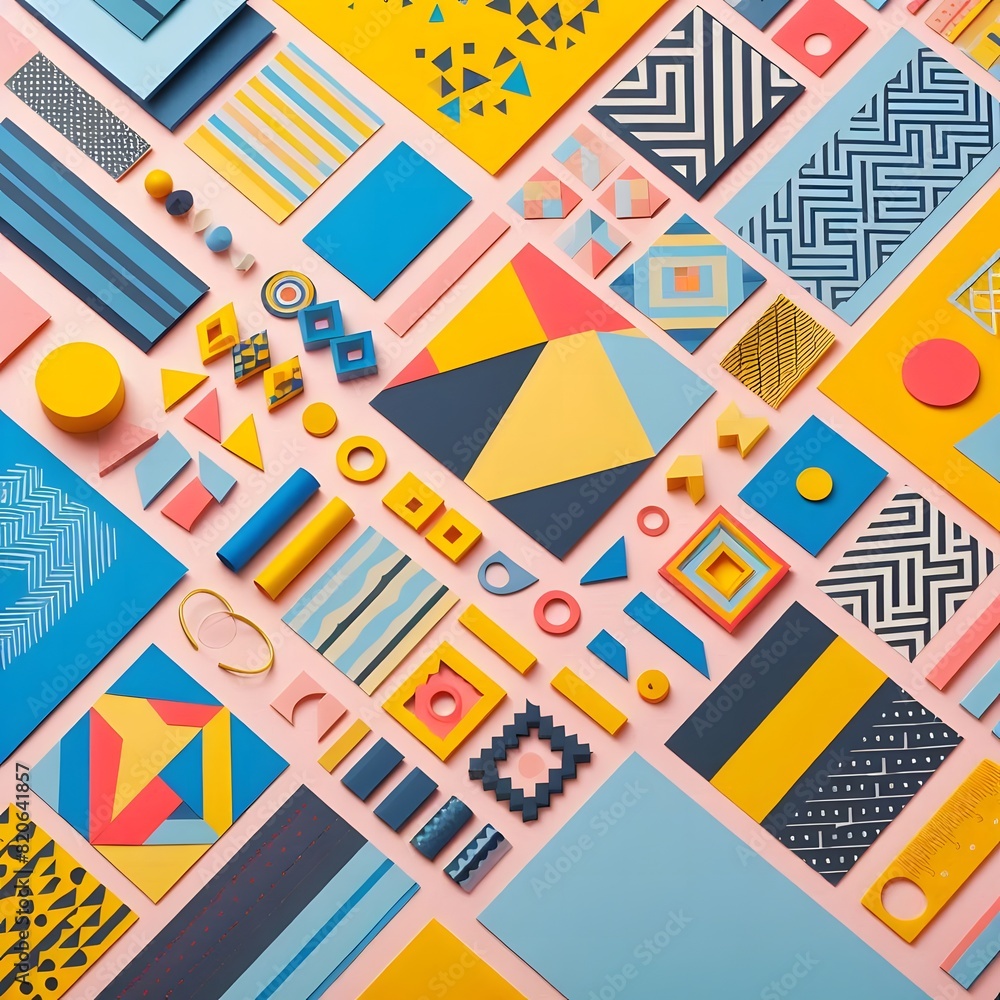AI Generate of Background texture of Fashion Papers in Memphis Geometry Style. Yellow, blue, light blue, red and pastel pink colors. Top view, flat lay. AI Generate of Background texture of Fashion Papers in Memphis Geometry Style. Yellow, blue, light blue, red and pastel pink colors. Top view, flat lay.