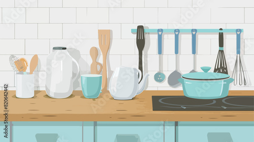 Set of kitchen utensils on wooden table Vector illustration
