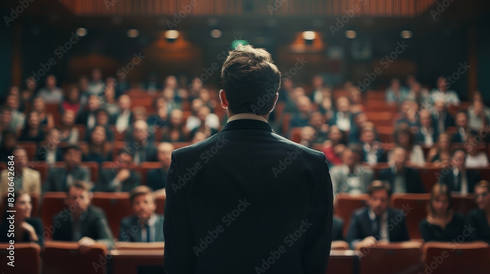 speaker in front of the audience back view, debate, male lecturer speaking in front of a hall of people, the concept of public speaking abstract fictional speaker in front of the audience back view, debate, male lecturer speaking in front of a hall of people, the concept of public speaking abstract fictional