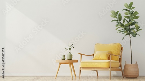 Blank wall home room interior with light yellow chair and mini table photo