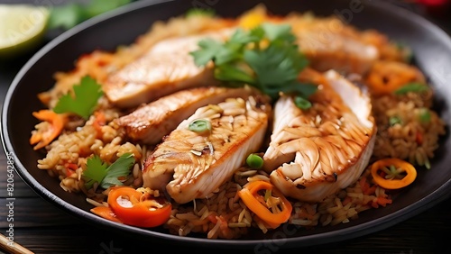 Close up of a fish steaks with rice on the bowl