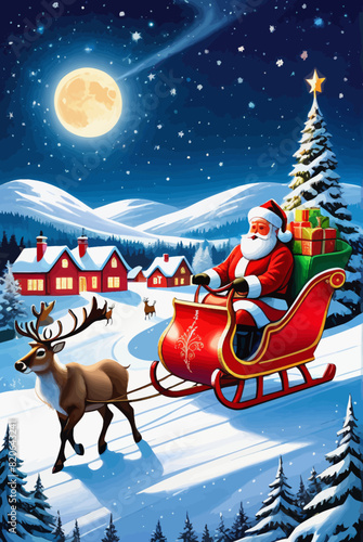 a painting of santa riding in a sleigh pulled by a reindeer
