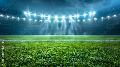 stadium lights, Football stadium arena for match with spotlight. Soccer sport background, green grass field for competition champion match.