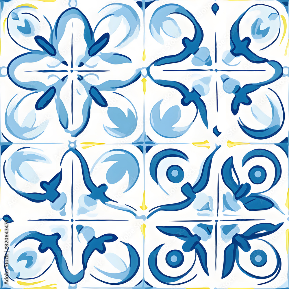 Fototapeta premium Watercolor yellow, blue and white floral geometric tile seamless pattern
