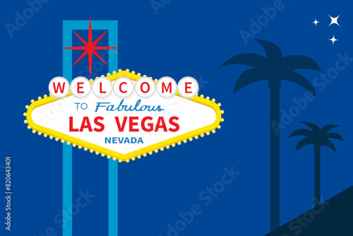 Welcome to fabulous Las Vegas sign icon at night. Star sparkle. Nevada sight showplace. Classic retro symbol. Palm tree set. Template for greeting card, banner. Flat design. Blue background. Vector