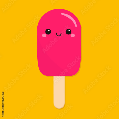 Delicious pink ice cream popsicle. Cute cartoon kawaii funny baby character. Smiling face with eyes. Hello summer poster card design. Trendy childish style. Flat design. Yellow background. Vector
